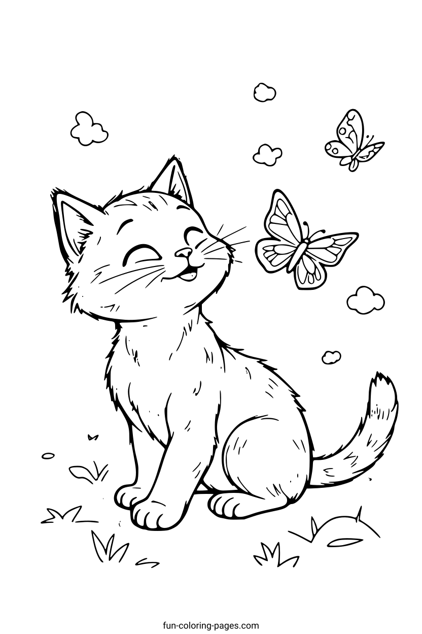 Happy Kitten with Butterflies – free printable coloring page, available as PDF and SVG