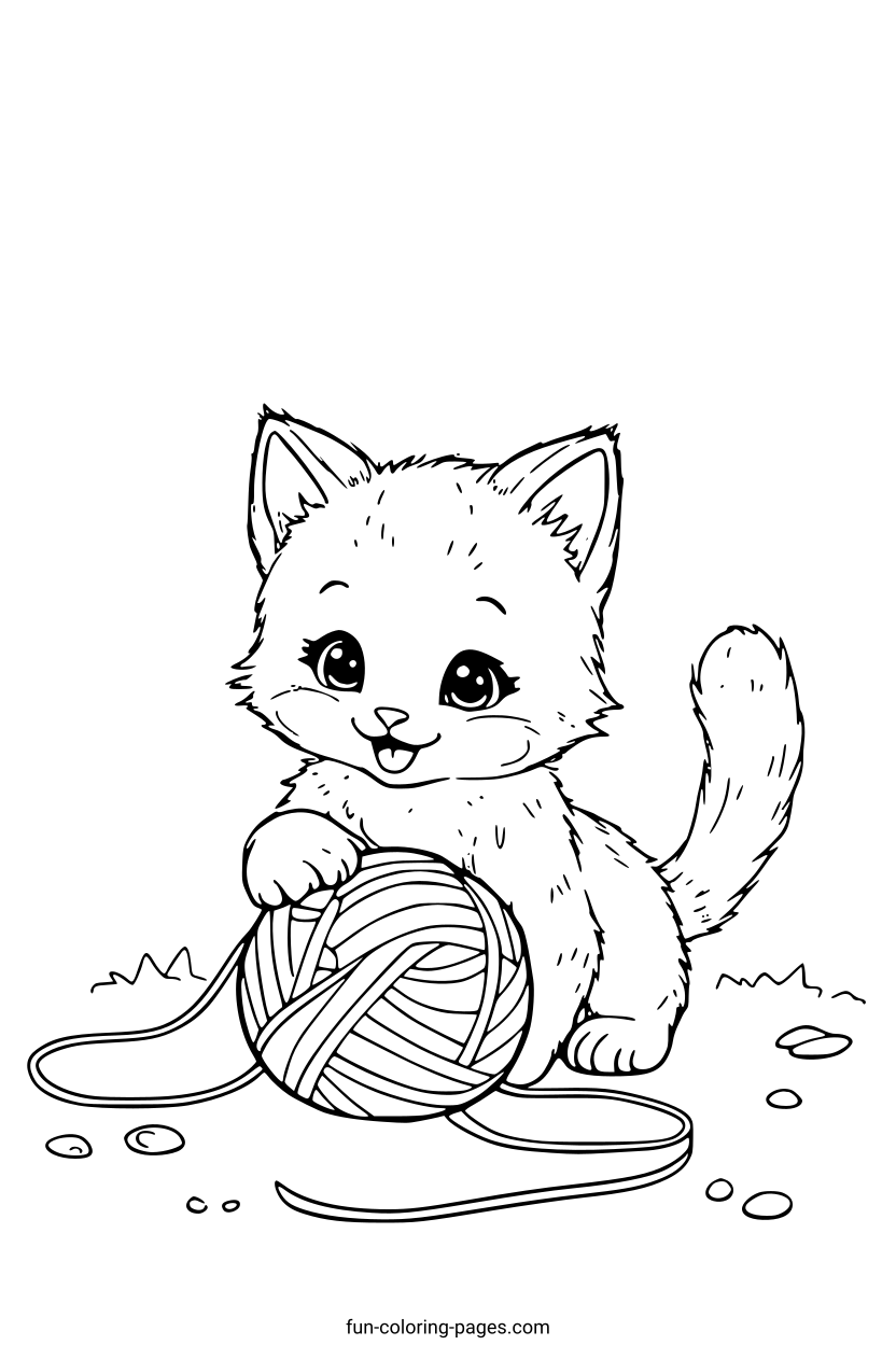 Happy Kitten with Yarn Ball – free printable coloring page, available as PDF and SVG