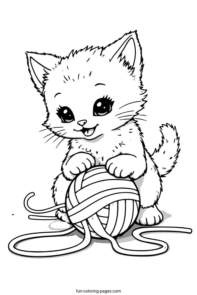 Happy Kitten with Yarn Ball – free printable coloring page, available as PDF and SVG