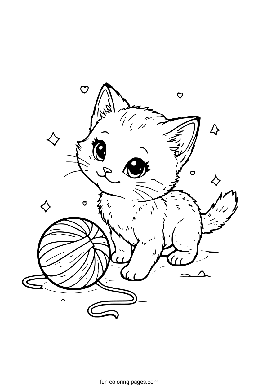 Happy Kitten with Yarn – free printable coloring page, available as PDF and SVG