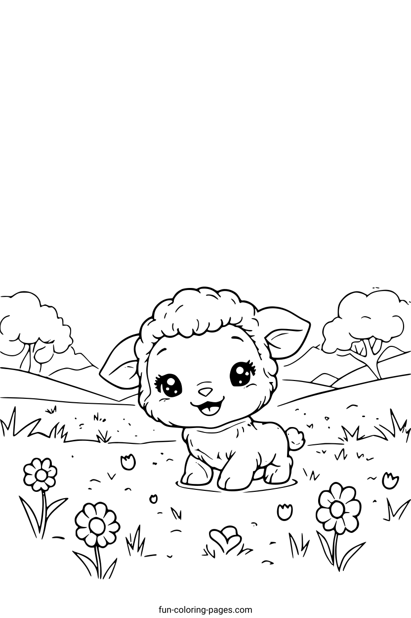 Happy Lamb in a Meadow – free printable coloring page, available as PDF and SVG