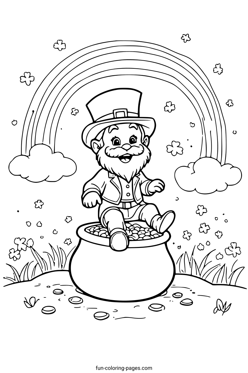 Happy Leprechaun with Pot of Gold – free printable coloring page, available as PDF and SVG