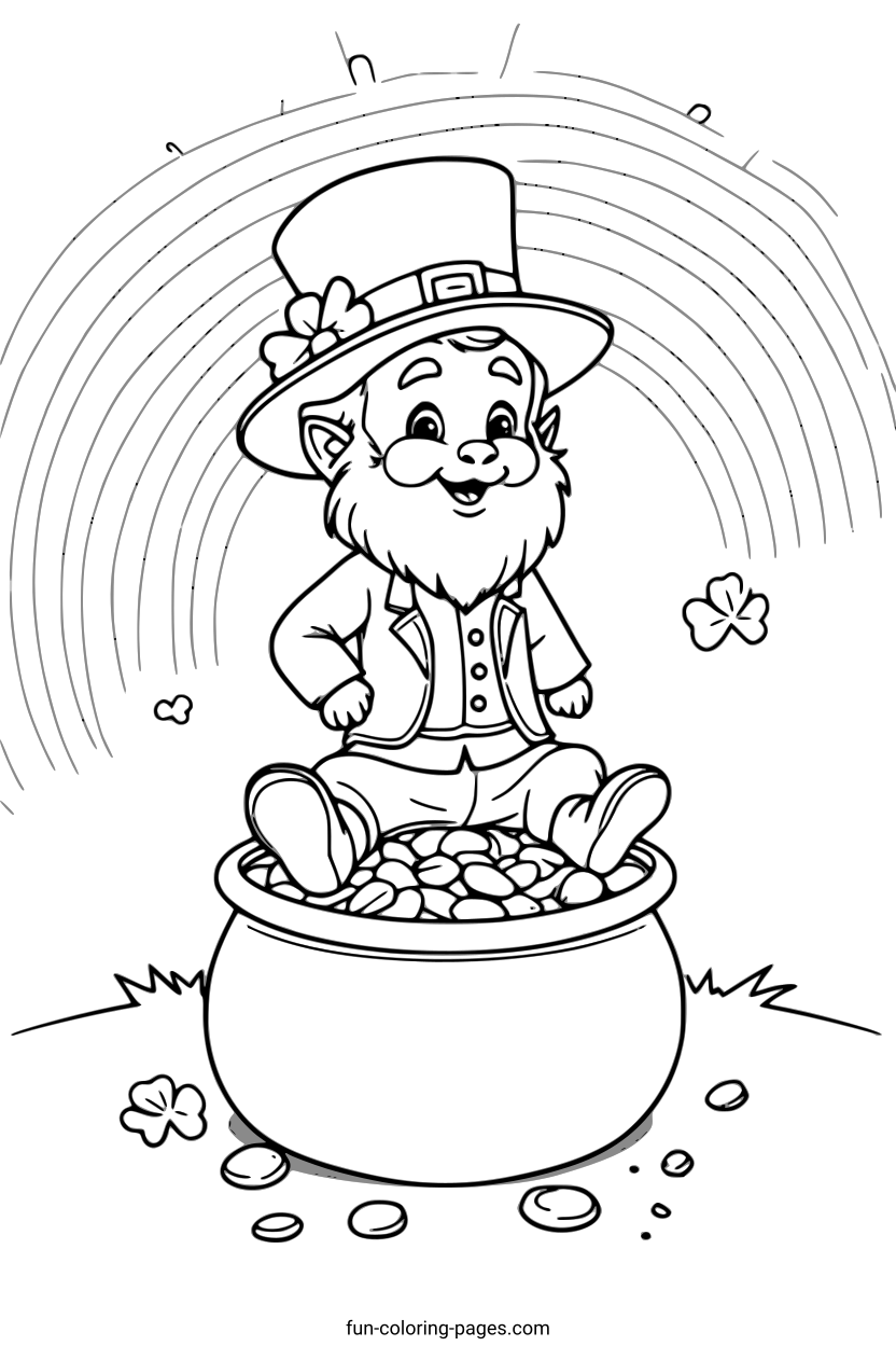 Happy Leprechaun with Pot of Gold – free printable coloring page, available as PDF and SVG