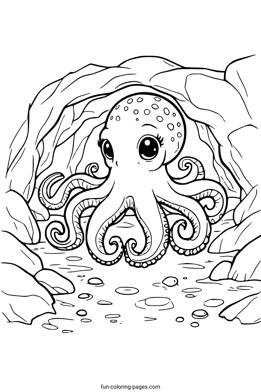 Happy Octopus in a Cave – free printable coloring page, available as PDF and SVG