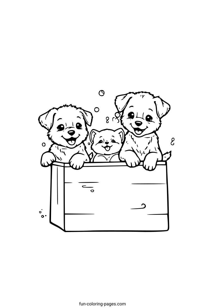 Happy Puppies in a Box – free printable coloring page, available as PDF and SVG