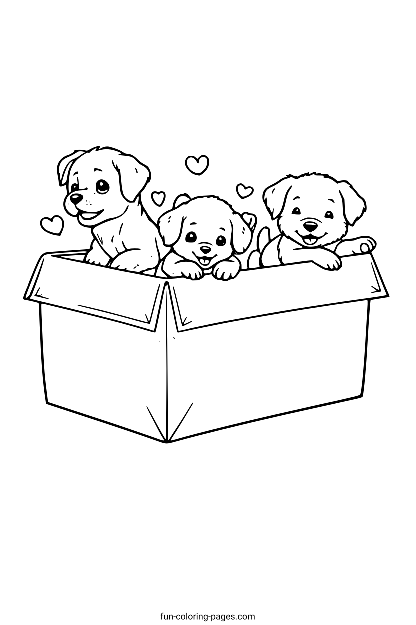 Happy Puppies in a Box – free printable coloring page, available as PDF and SVG