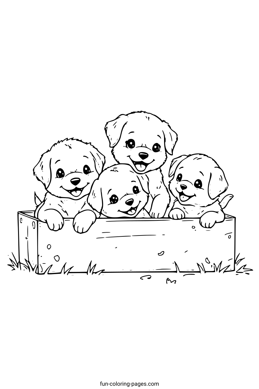 Happy Puppies in Wooden Box – free printable coloring page, available as PDF and SVG