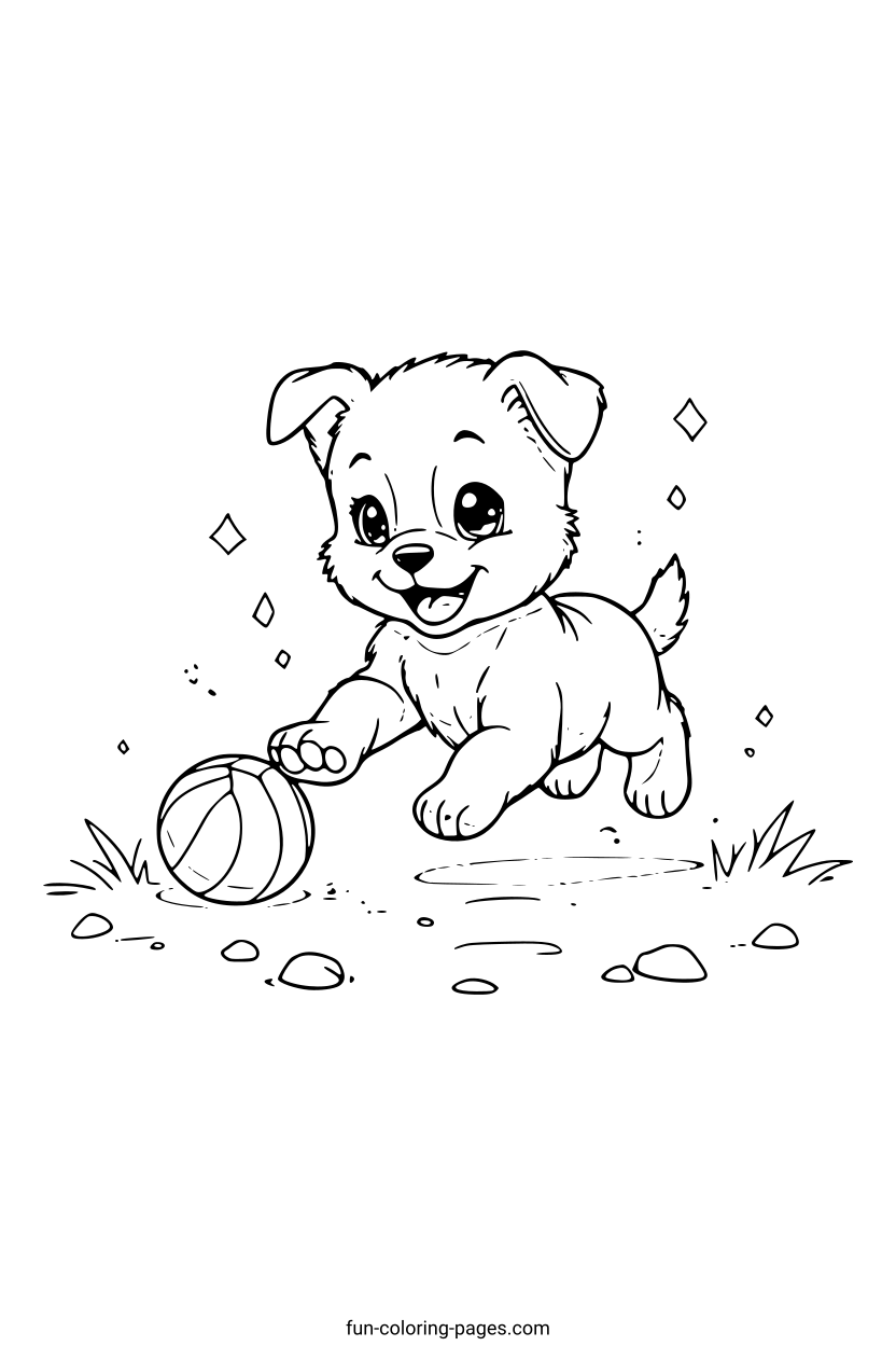 Happy Puppy Chasing a Ball – free printable coloring page, available as PDF and SVG