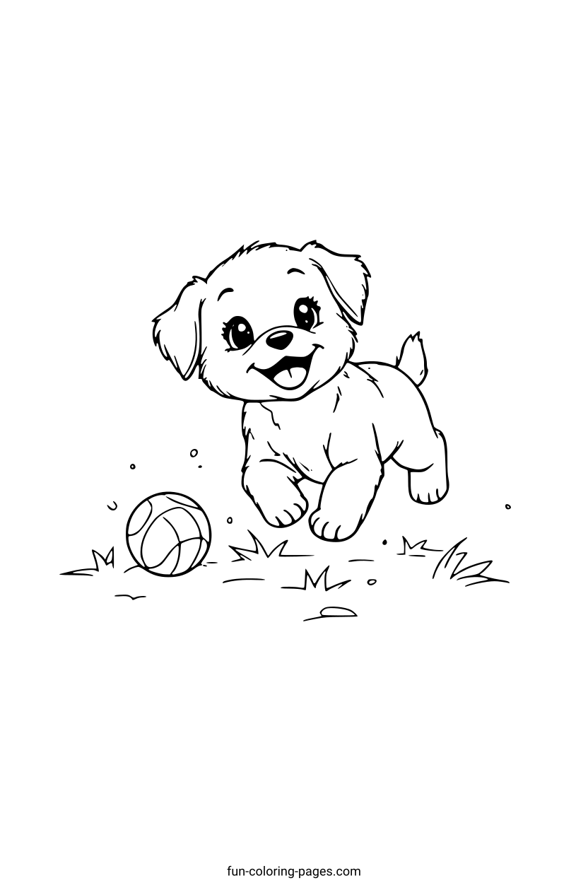 Happy Puppy Chasing Ball – free printable coloring page, available as PDF and SVG