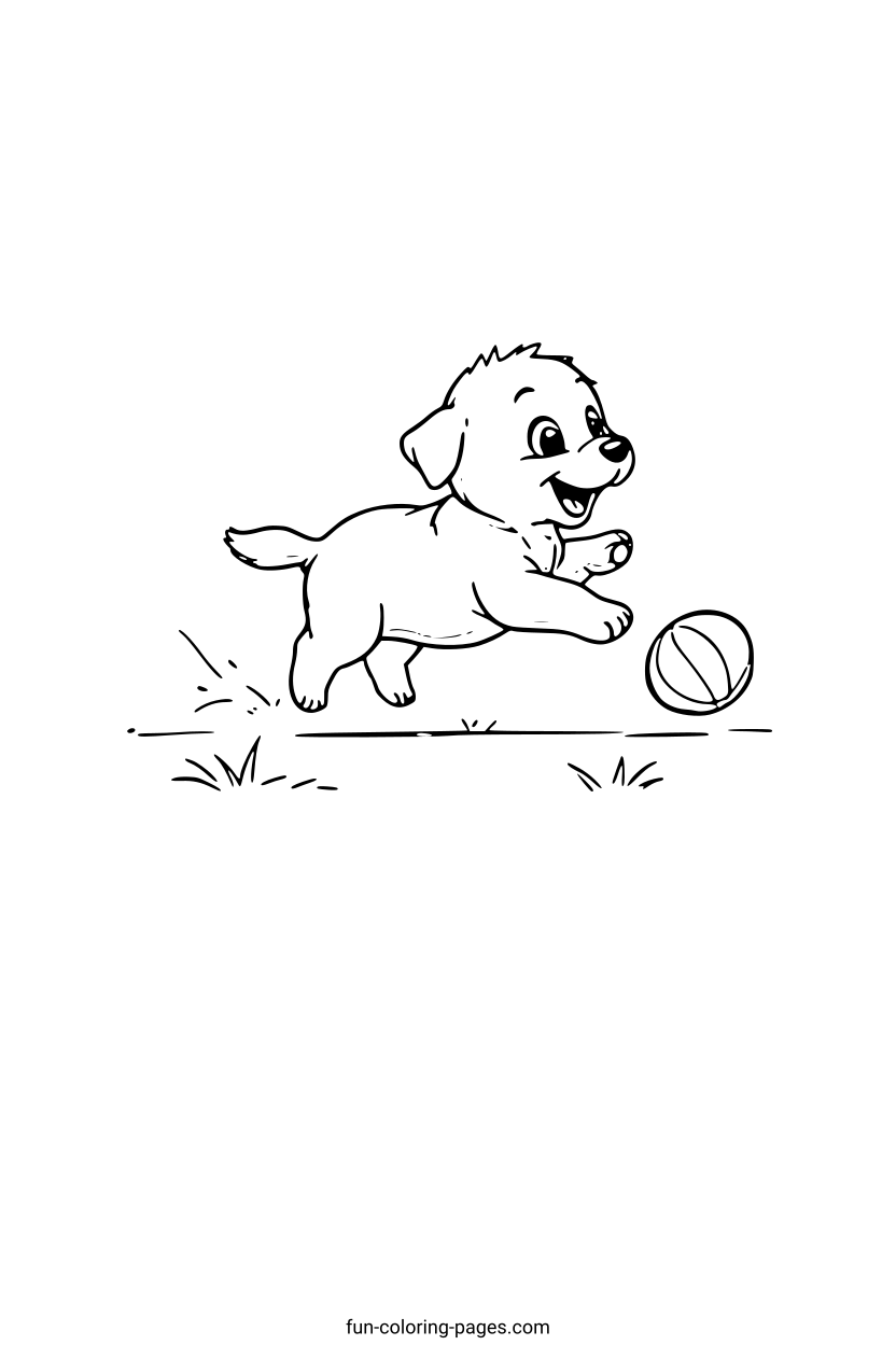 Happy Puppy Chasing Ball – free printable coloring page, available as PDF and SVG