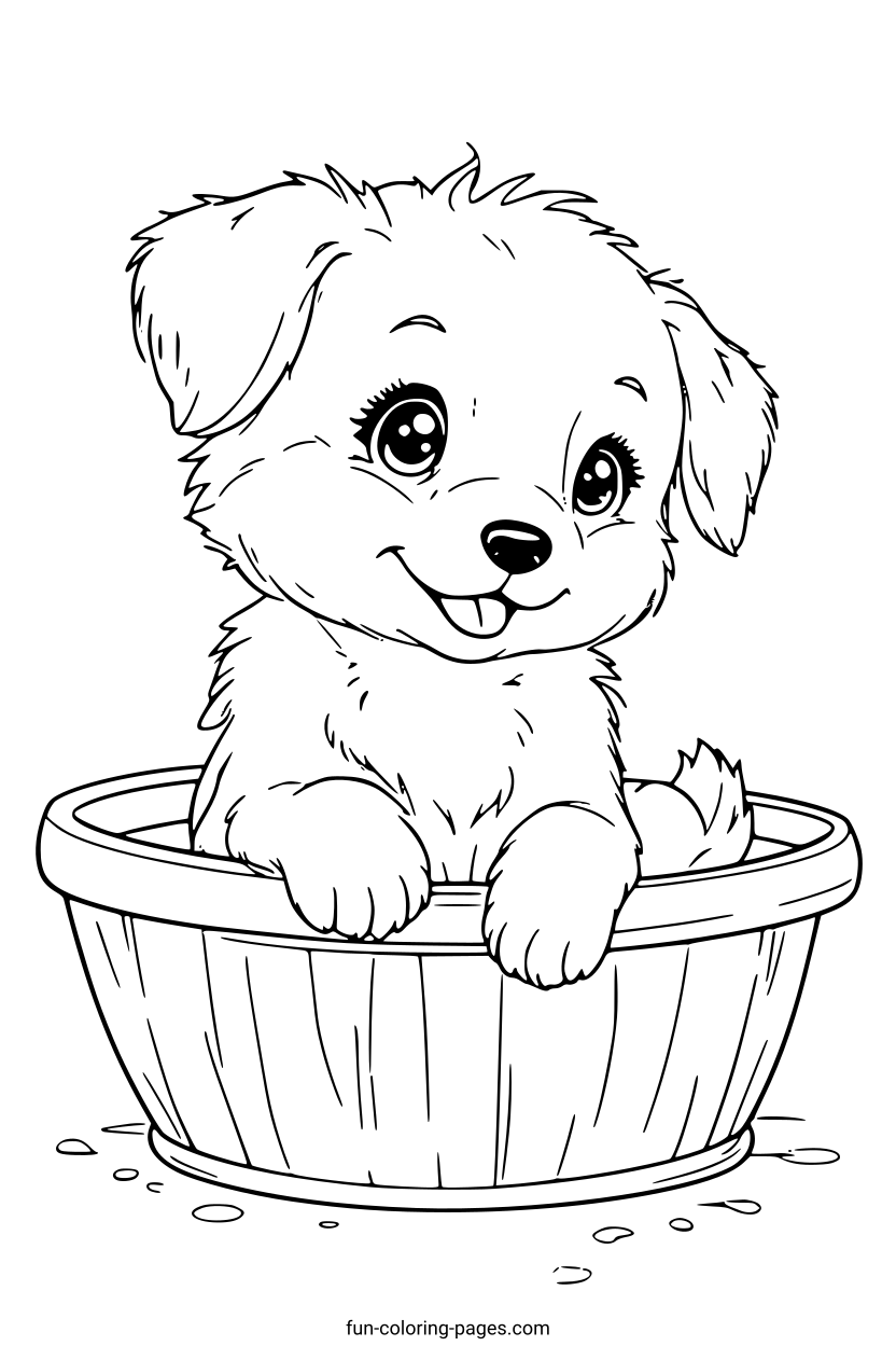 Happy Puppy in Bathtub – free printable coloring page, available as PDF and SVG