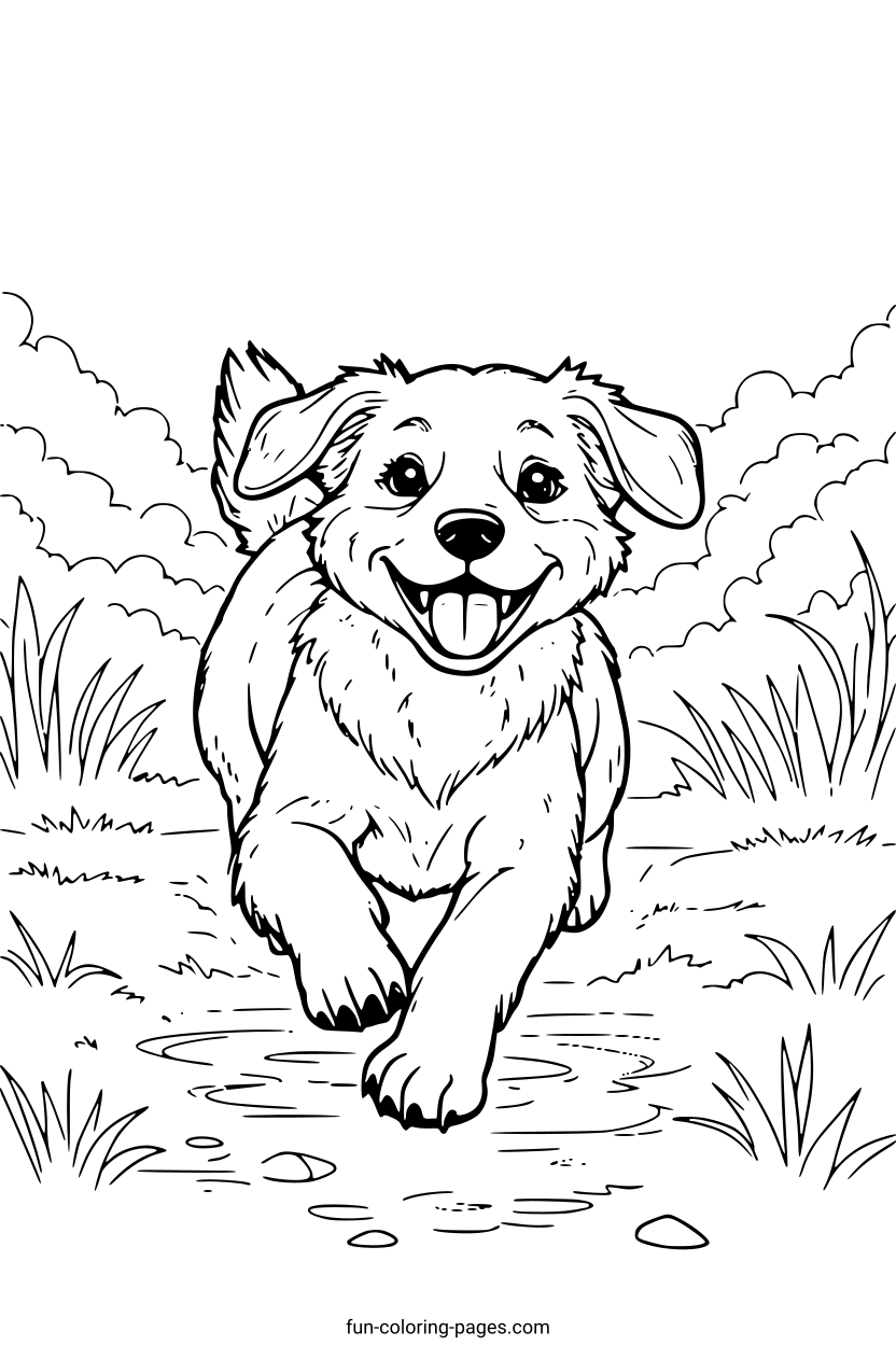 Happy Puppy Running in Field – free printable coloring page, available as PDF and SVG