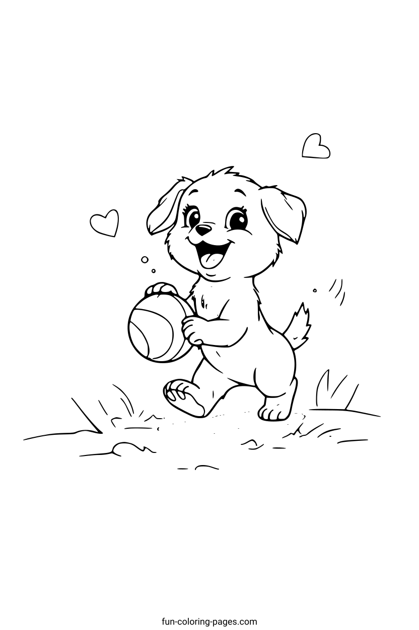 Happy Puppy with Ball – free printable coloring page, available as PDF and SVG