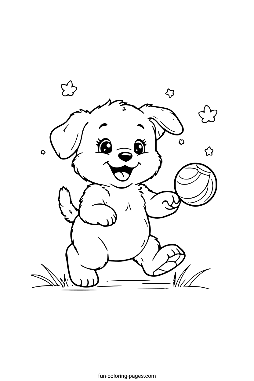 Happy Puppy with Ball – free printable coloring page, available as PDF and SVG