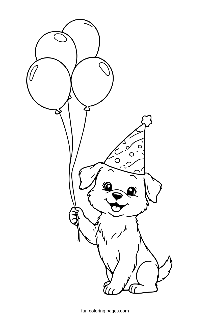 Happy Puppy With Balloons – free printable coloring page, available as PDF and SVG