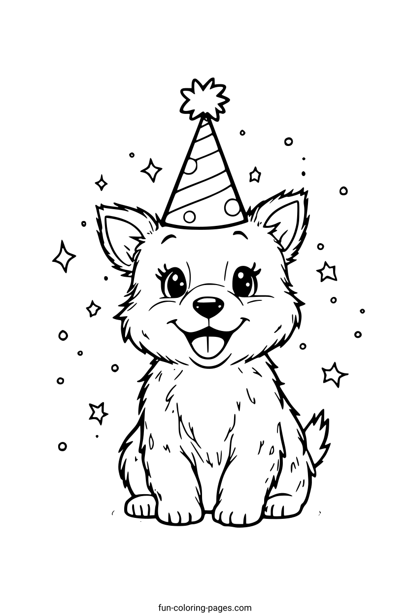 Happy Puppy With Party Hat – free printable coloring page, available as PDF and SVG