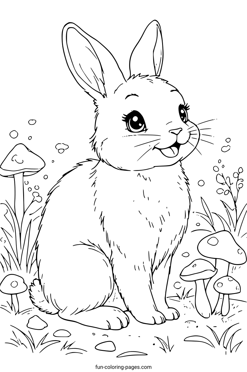 Happy Rabbit in the Forest – free printable coloring page, available as PDF and SVG