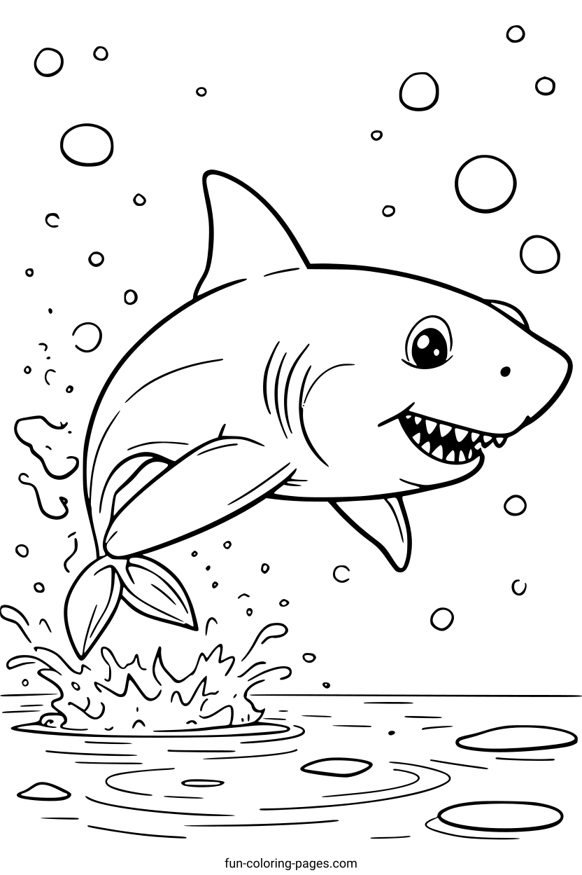 Happy Shark Jumping Out of Water – free printable coloring page, available as PDF and SVG