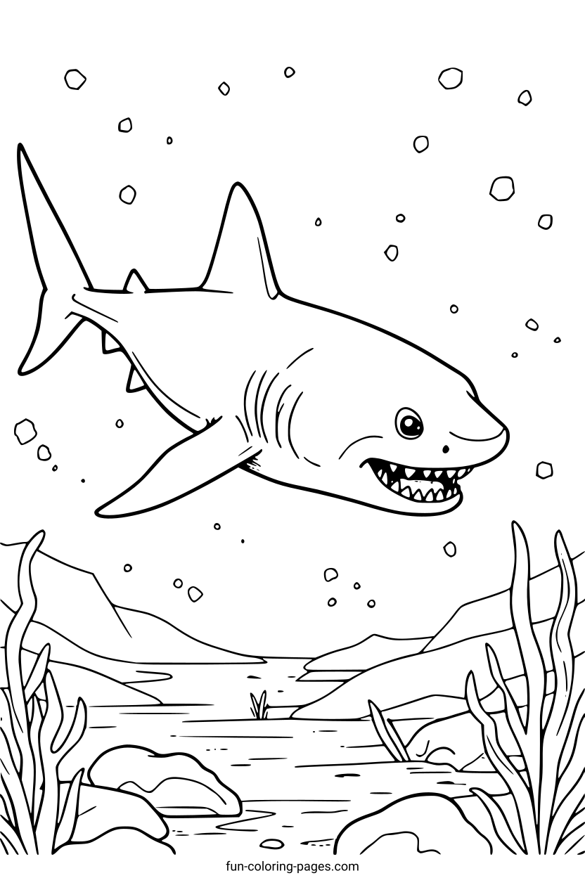 Happy Shark Underwater – free printable coloring page, available as PDF and SVG