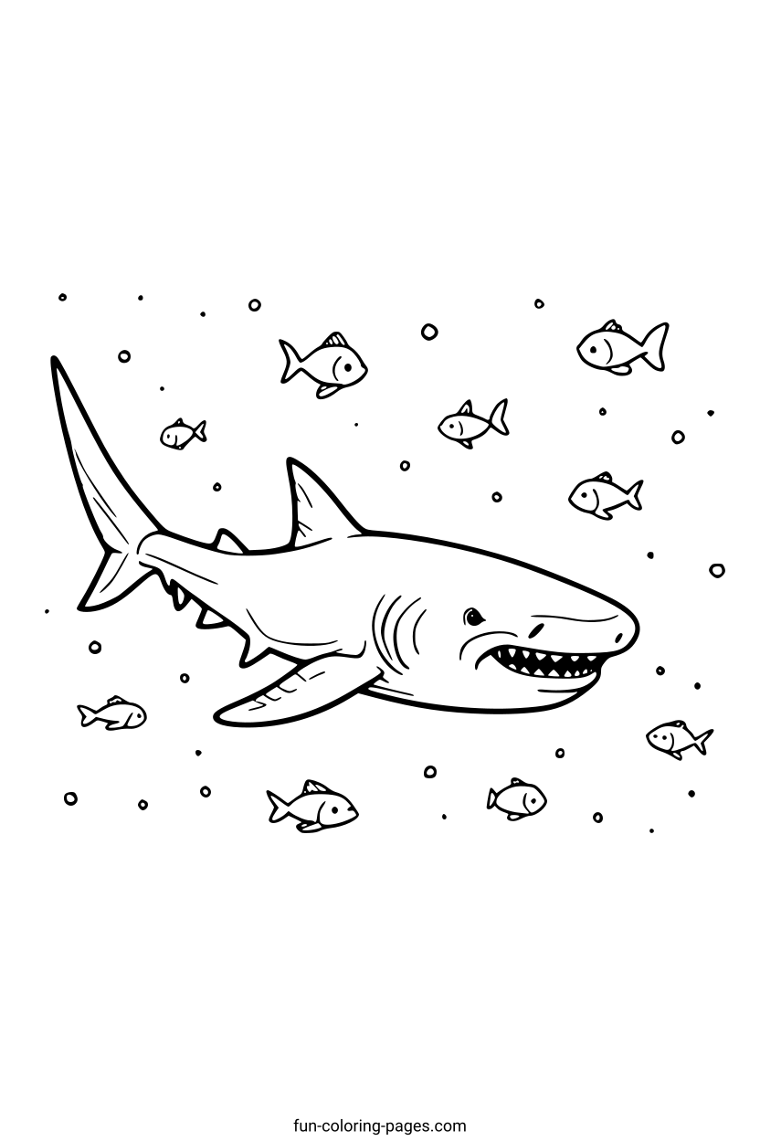 Happy Shark with Fish – free printable coloring page, available as PDF and SVG