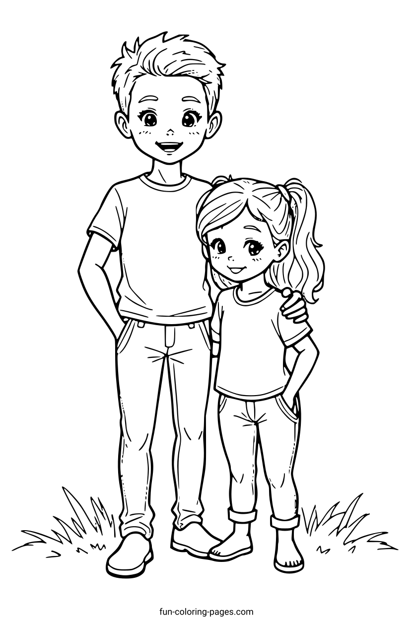 Happy Sibling Pair – free printable coloring page, available as PDF and SVG