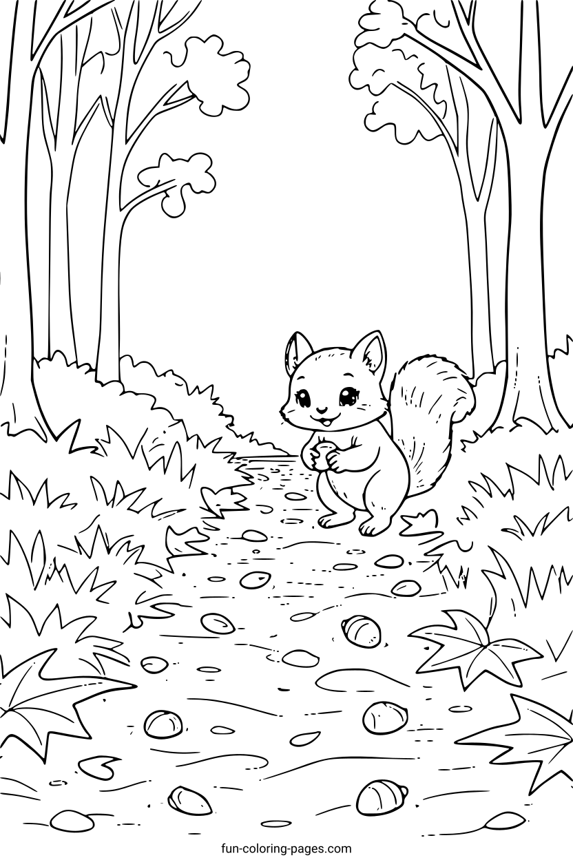 Happy Squirrel in the Forest – free printable coloring page, available as PDF and SVG