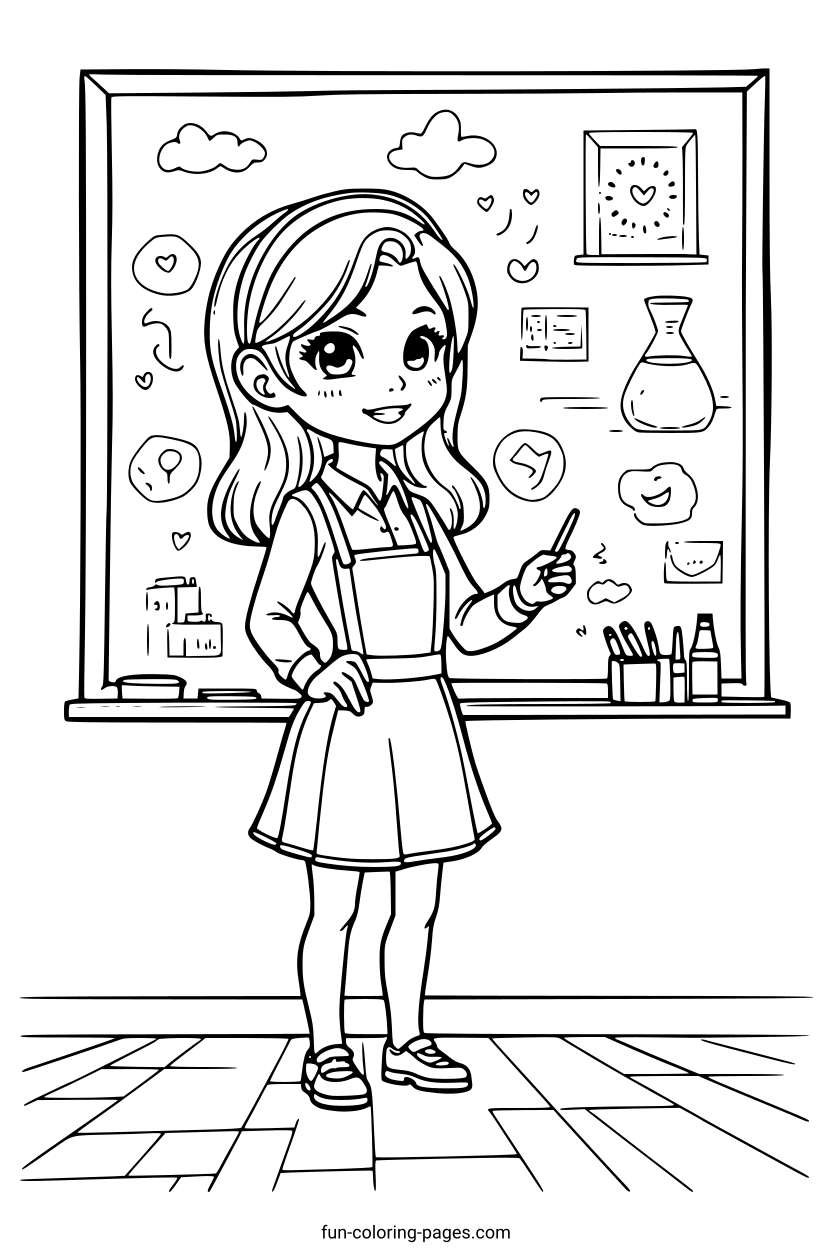 Happy Teacher in Classroom – free printable coloring page, available as PDF and SVG