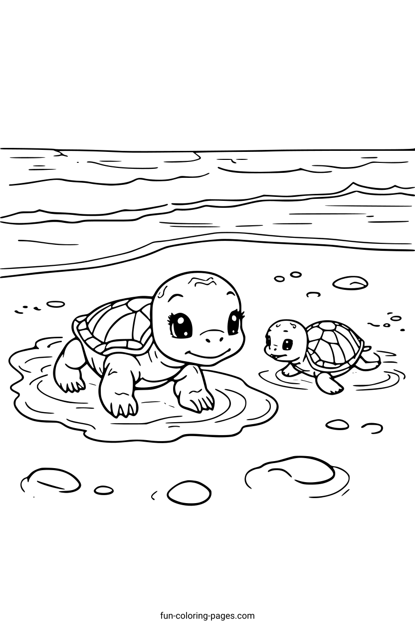 Happy Turtle Family on Beach – free printable coloring page, available as PDF and SVG
