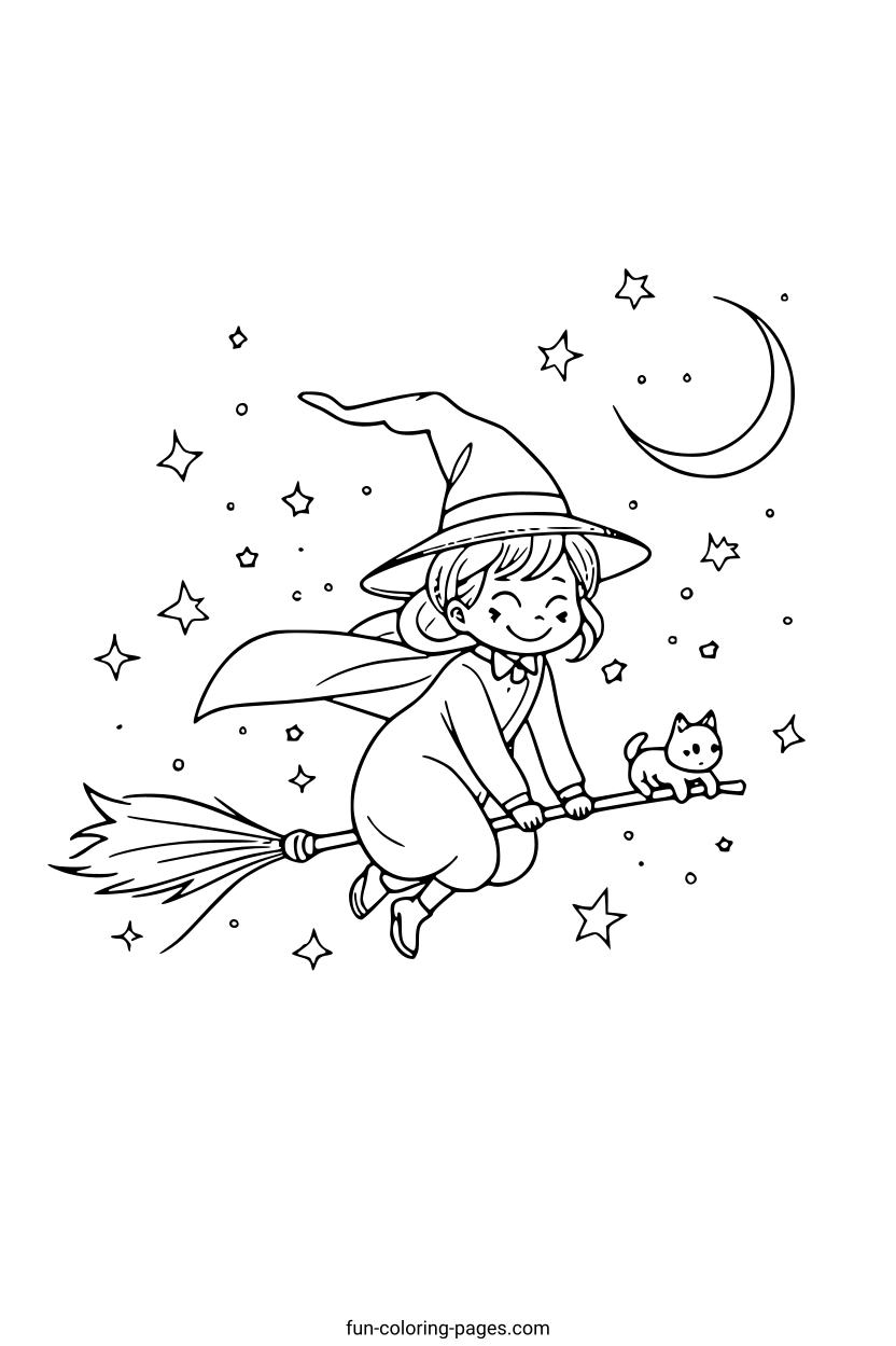 Happy Witch Flying on a Broomstick – free printable coloring page, available as PDF and SVG