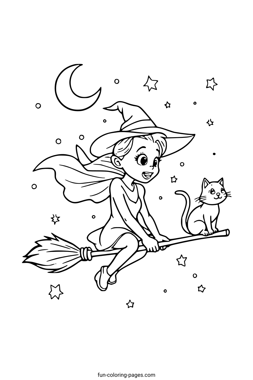 Happy Witch on a Broomstick – free printable coloring page, available as PDF and SVG