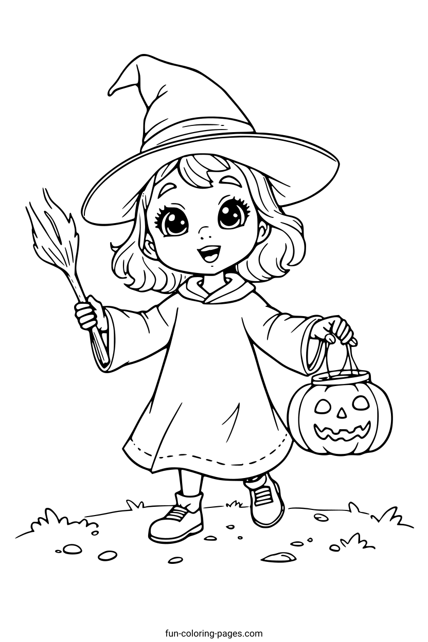 Happy Witch with Pumpkin Bag – free printable coloring page, available as PDF and SVG