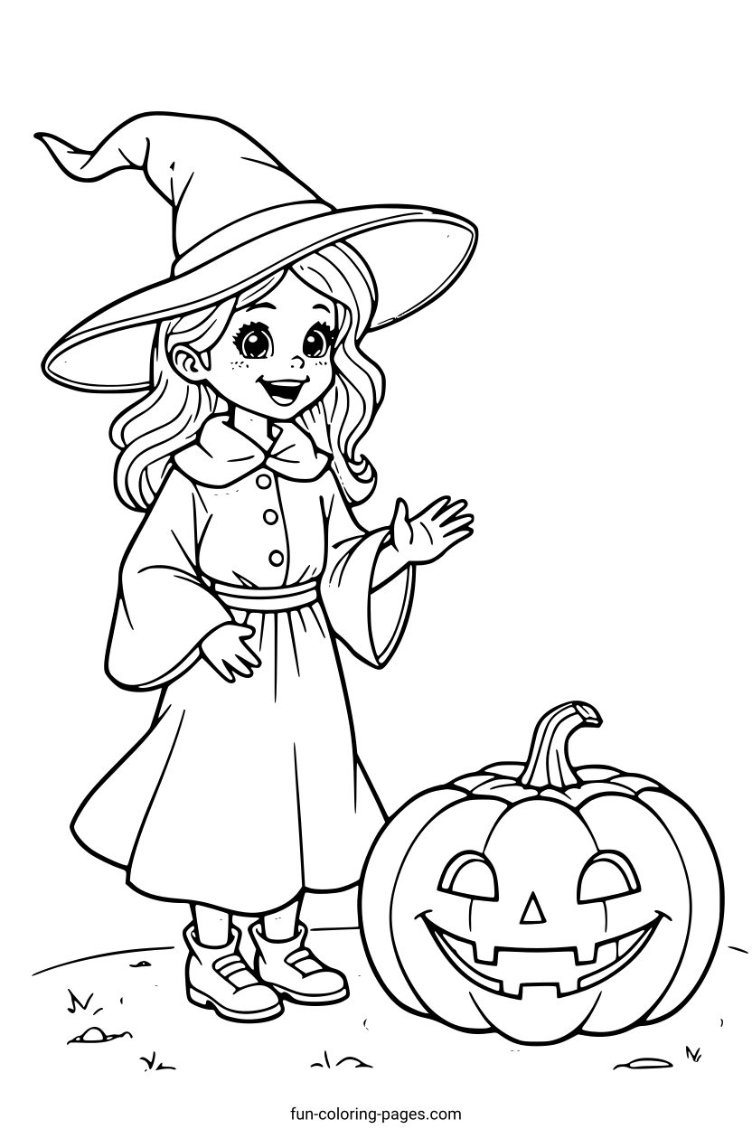 Happy Witch With Pumpkin – free printable coloring page, available as PDF and SVG
