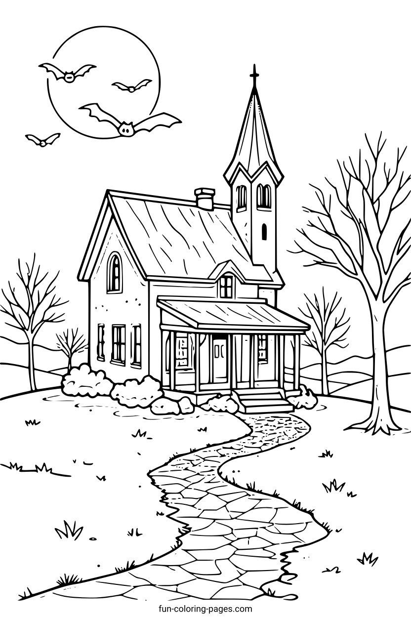Haunted Church at Night – free printable coloring page, available as PDF and SVG