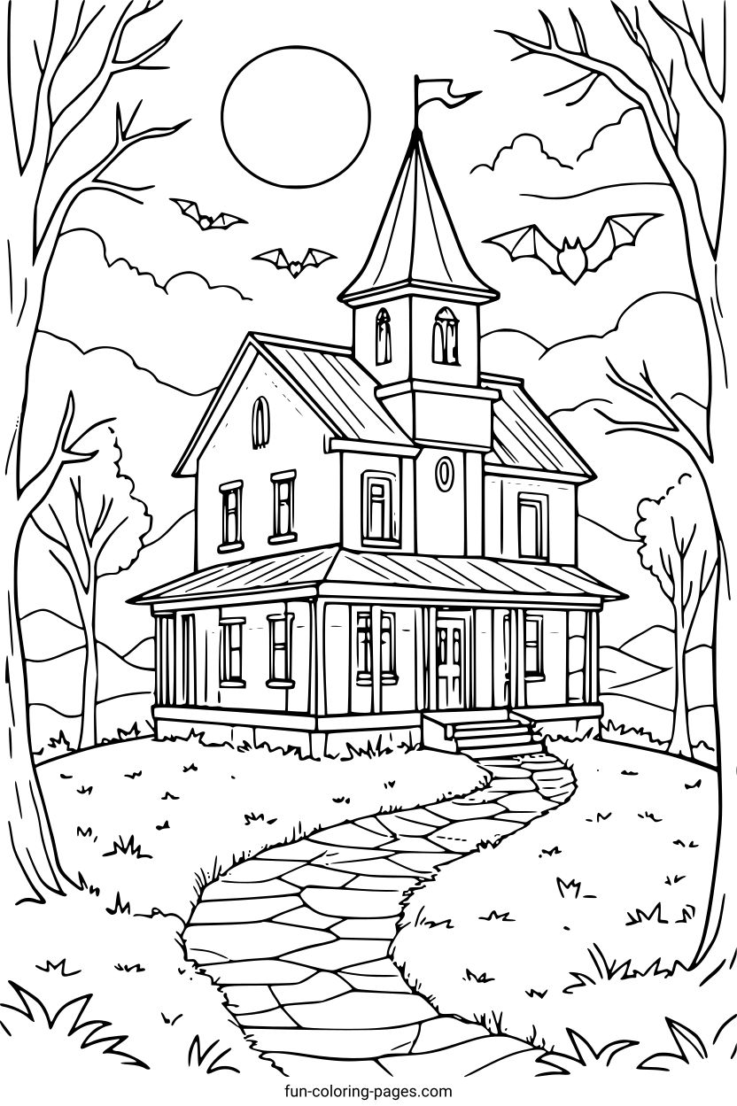 Haunted House At Night – free printable coloring page, available as PDF and SVG