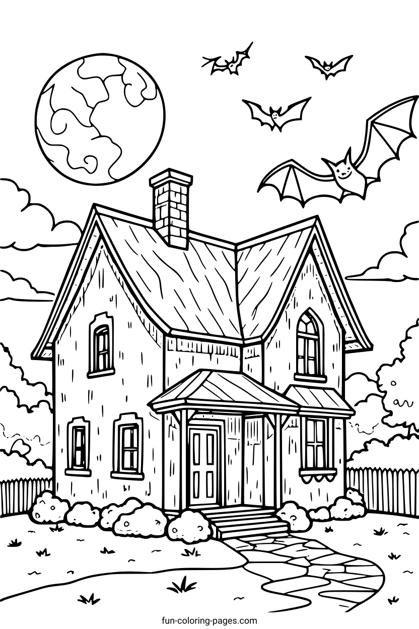 Haunted House with Bats – free printable coloring page, available as PDF and SVG