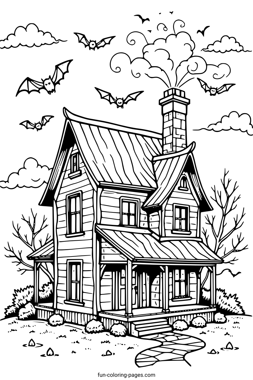 Haunted House with Crooked Chimney – free printable coloring page, available as PDF and SVG