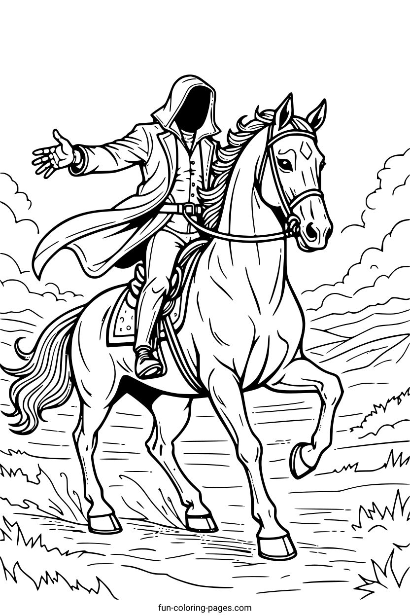 Headless Horseman Galloping – free printable coloring page, available as PDF and SVG
