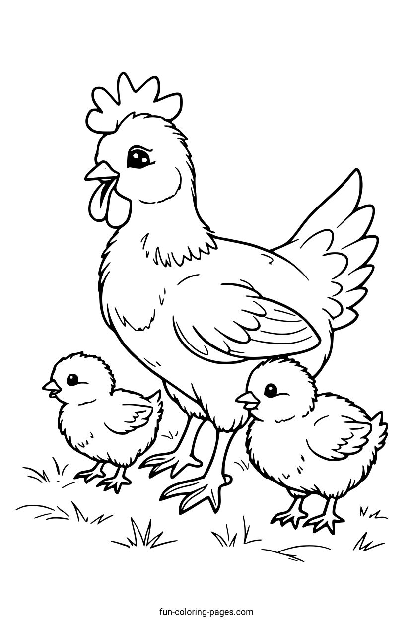 Hen With Chicks – free printable coloring page, available as PDF and SVG