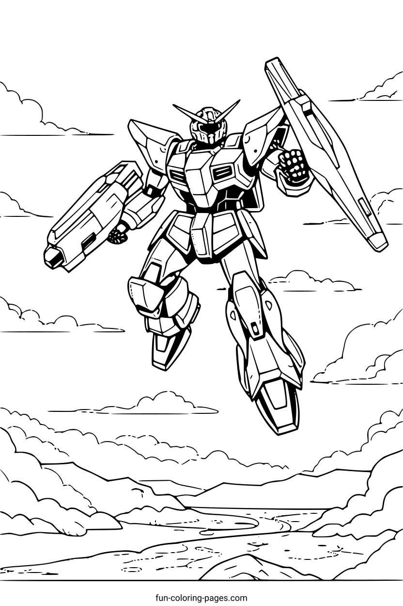 Heroic Robot in Flight – free printable coloring page, available as PDF and SVG