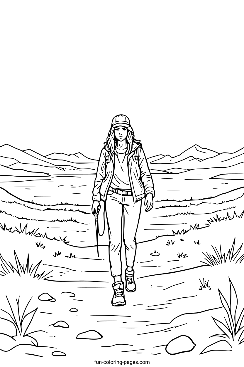 Hiker in Desert Landscape – free printable coloring page, available as PDF and SVG