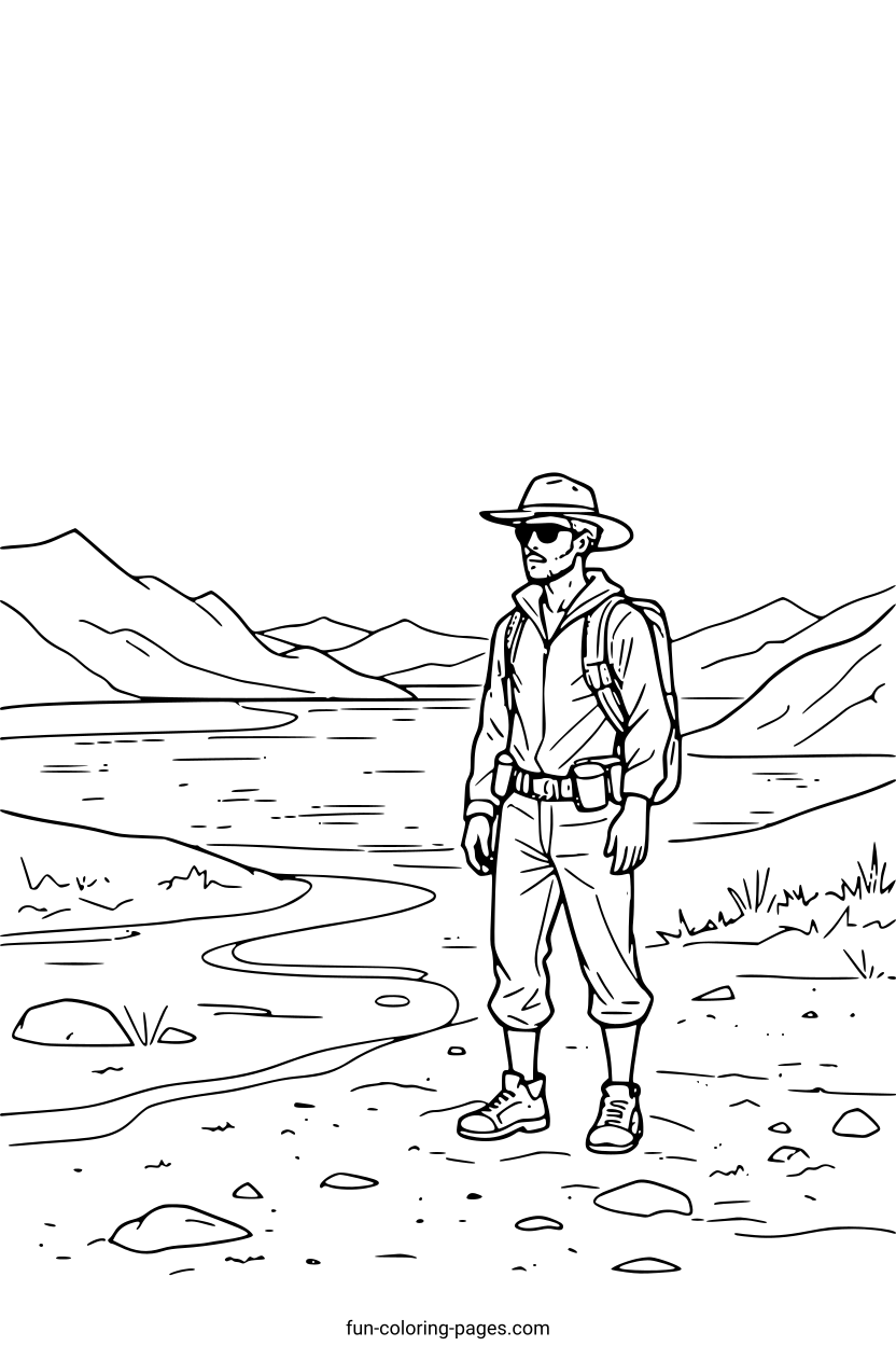 Hiker in Desert Mountains – free printable coloring page, available as PDF and SVG
