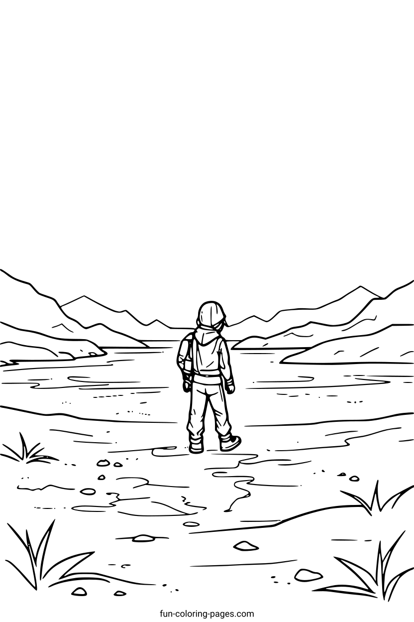 Hiker in Mountain Landscape – free printable coloring page, available as PDF and SVG