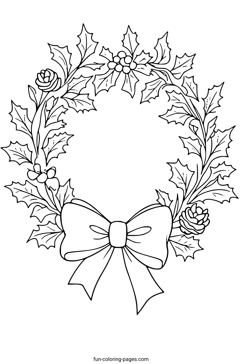 Holiday Wreath with Bow – free printable coloring page, available as PDF and SVG