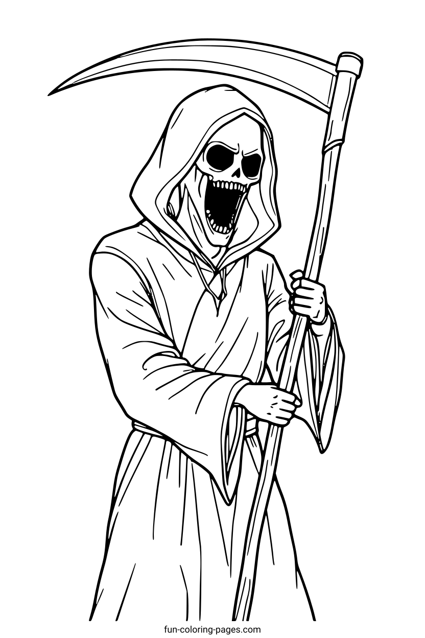 Hooded Grim Reaper – free printable coloring page, available as PDF and SVG