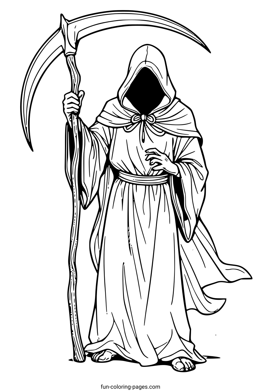 Hooded Grim Reaper Holding Scythe – free printable coloring page, available as PDF and SVG