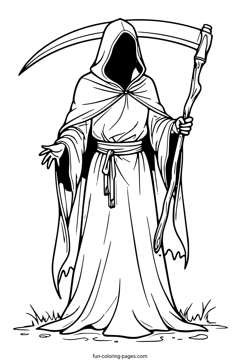 Hooded Grim Reaper with Scythe – free printable coloring page, available as PDF and SVG