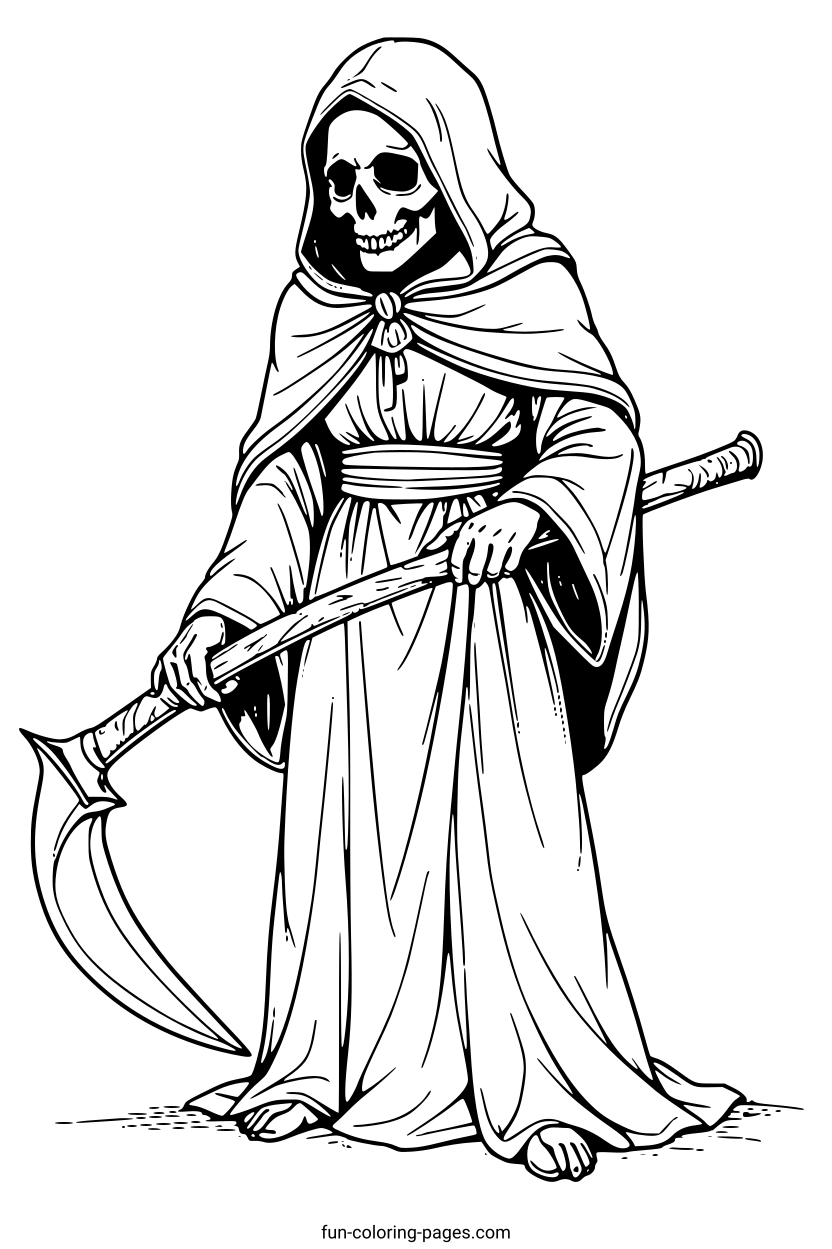 Hooded Grim Reaper with Scythe – free printable coloring page, available as PDF and SVG