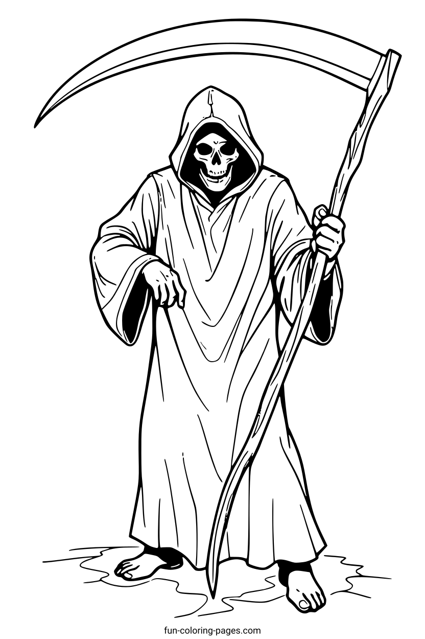 Hooded Grim Reaper with Scythe – free printable coloring page, available as PDF and SVG