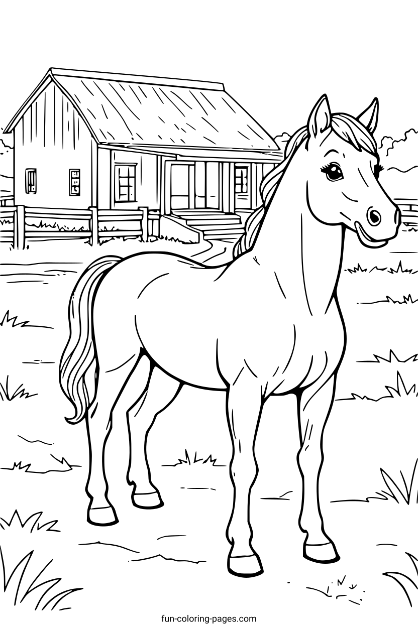 Horse Near a Barn – free printable coloring page, available as PDF and SVG