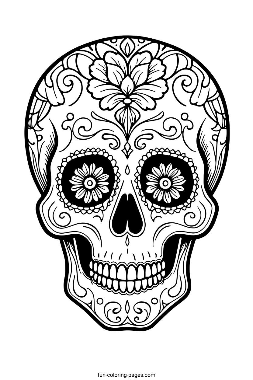 Intricate Day of the Dead Skull – free printable coloring page, available as PDF and SVG